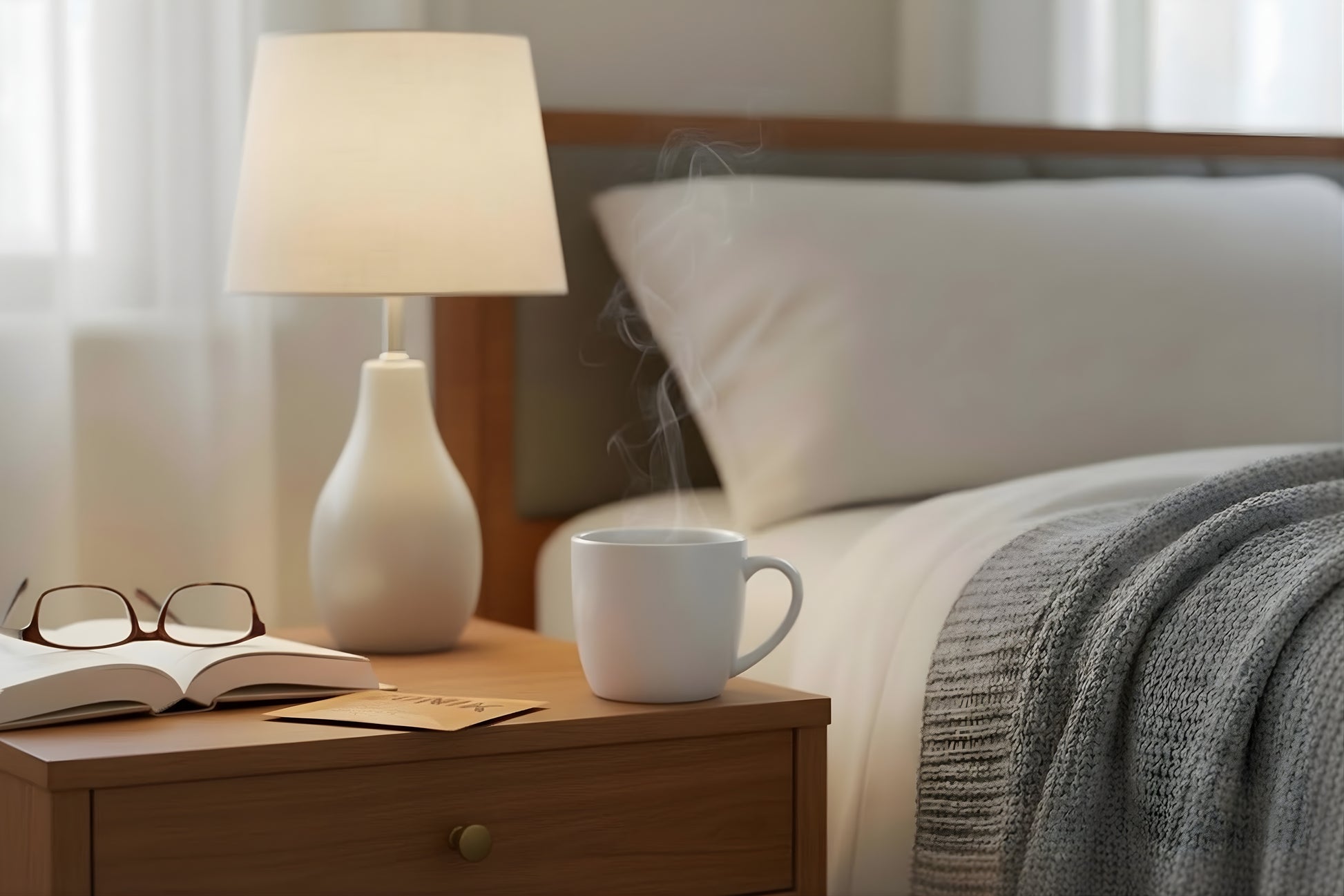Steaming mug on a nightstand next to an open book and glasses, with a lamp and bed in the background with an ICONIK Decaf Instant Coffee Packet